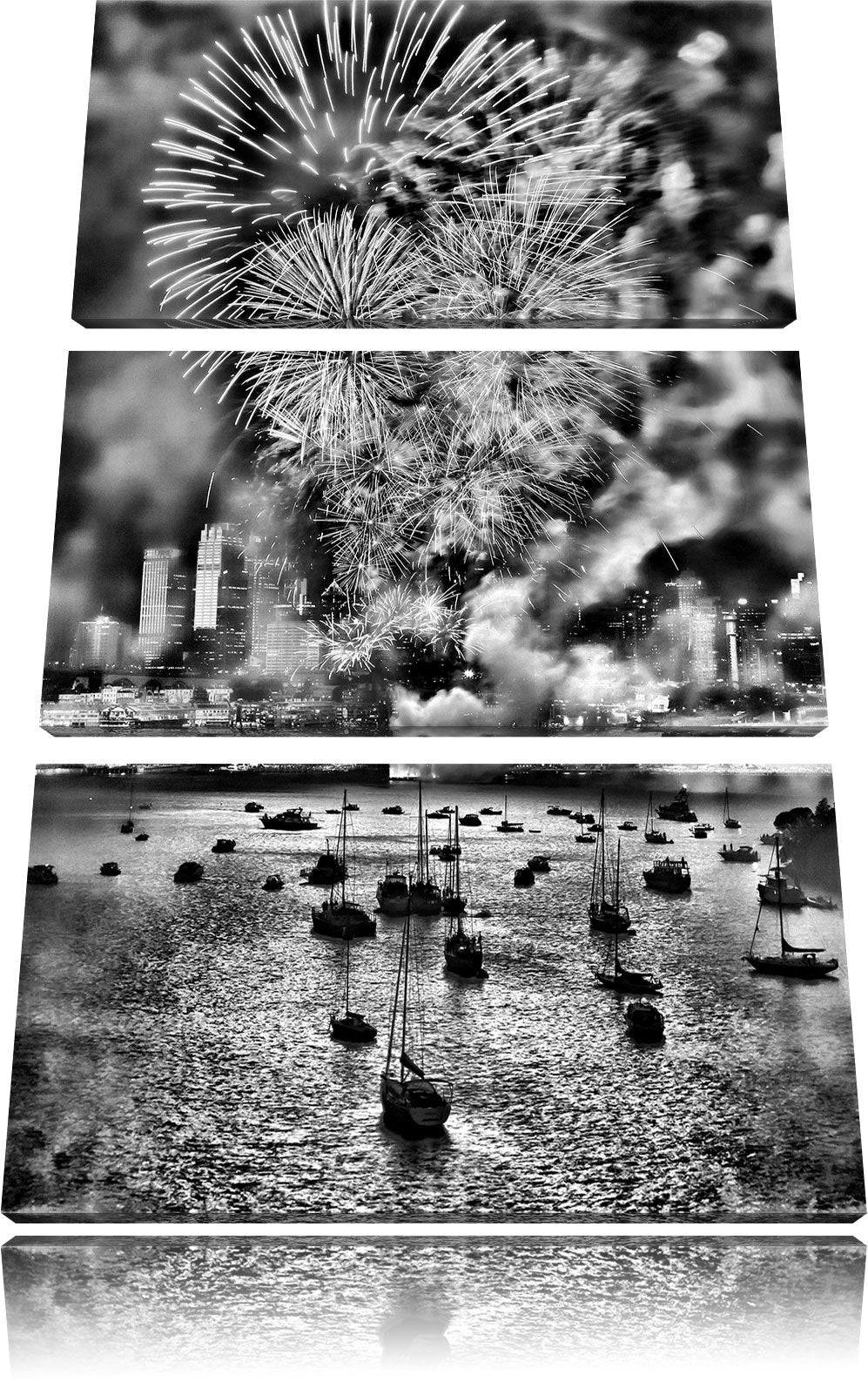 Pixxprint Monocrome, Boot auf See Feuerwerk 3-Teiler Leinwandbild 120x80 Bild auf Leinwand