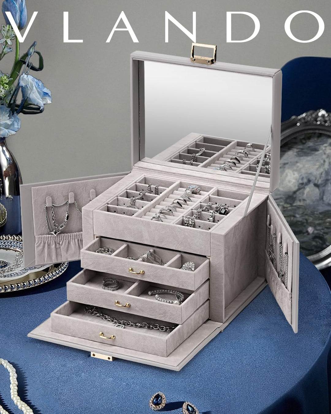 Vlando Schmuckkasten Jewelry Box mit 4 Ebenen, Schmuckschatulle Gross PU Leder, Schmuckkästchen mit