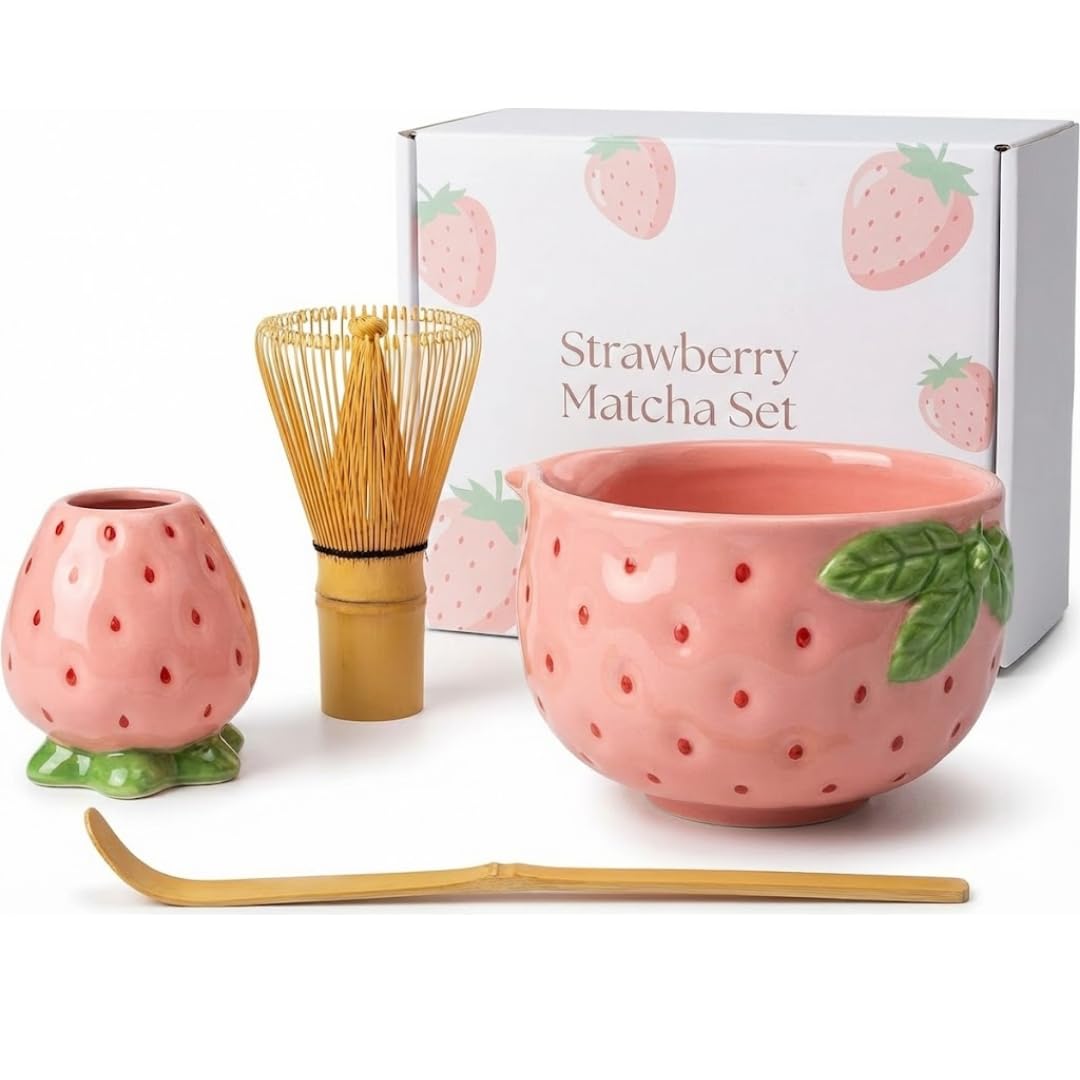 Generisch Matcha Set Erdbeer - Komplettes Set 4-teilig mit Matcha Besen, Matcha Schale - schlichtes