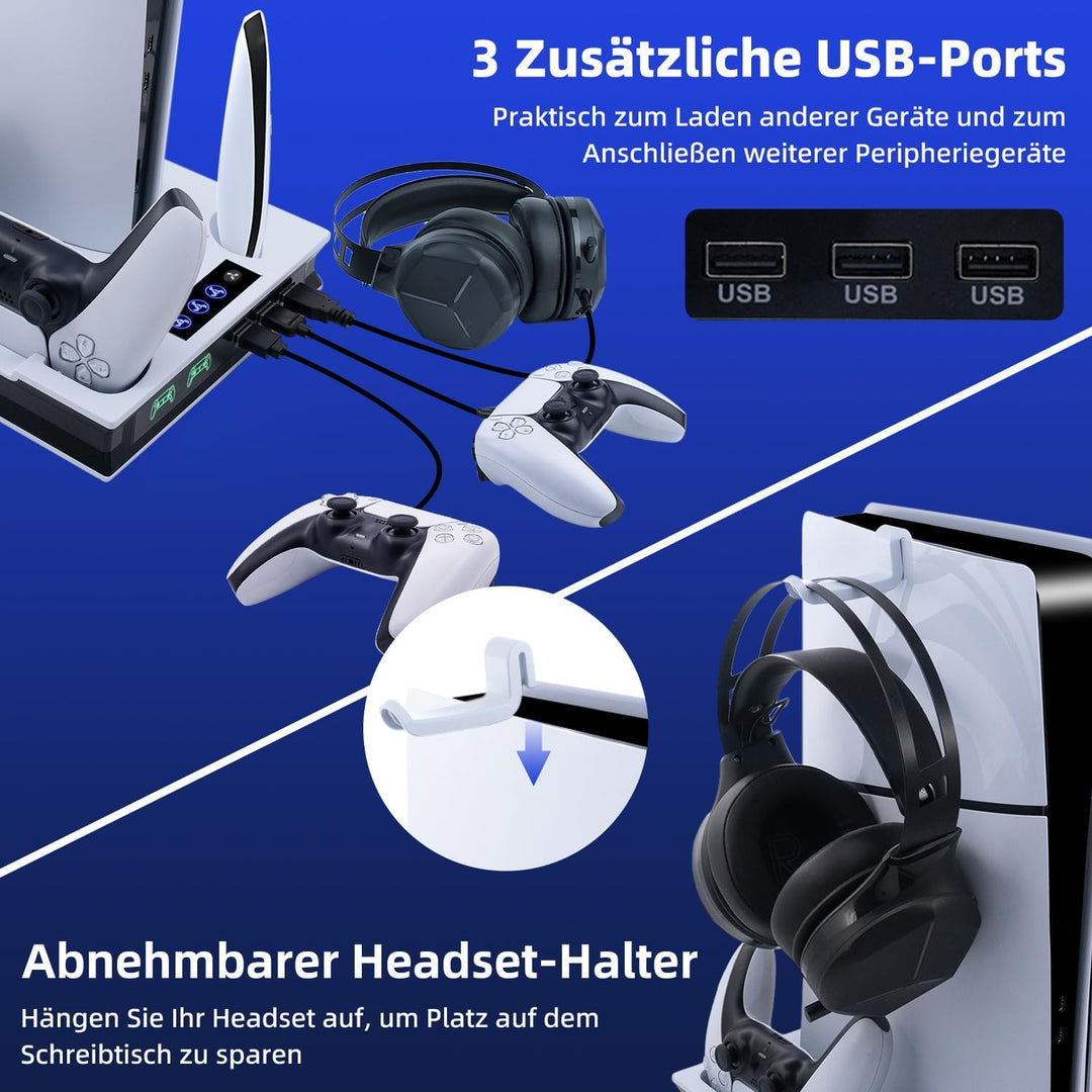 Wigearss Vertikaler PS5 Lüfter Ständer Kühlstation mit Dual-Controller-Ladung für PS5/PS5 Slim UHD/D