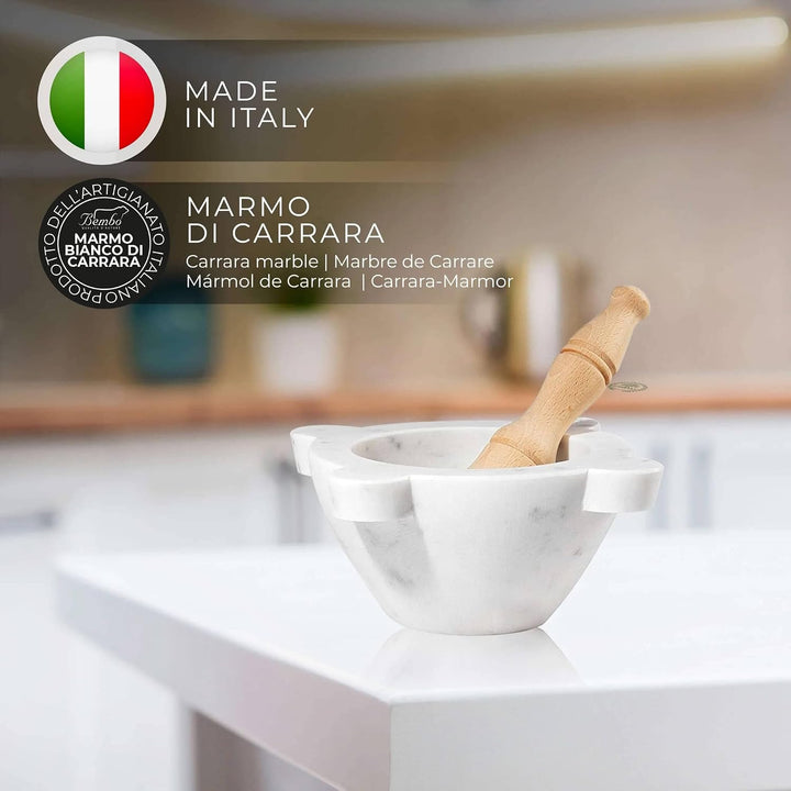 Mörser Aus Marmor Weiss Carrara Marmor Mit Stössel Bembo – Mörser Für Pesto Und Gewürze – Made in It
