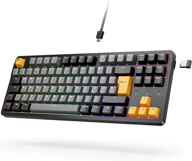 ARZOPA Gaming Tastatur, Gasket Mechanische Tastatur Kabellos/Kabelgebunden/Bluetooth - 87 Tasten RGB