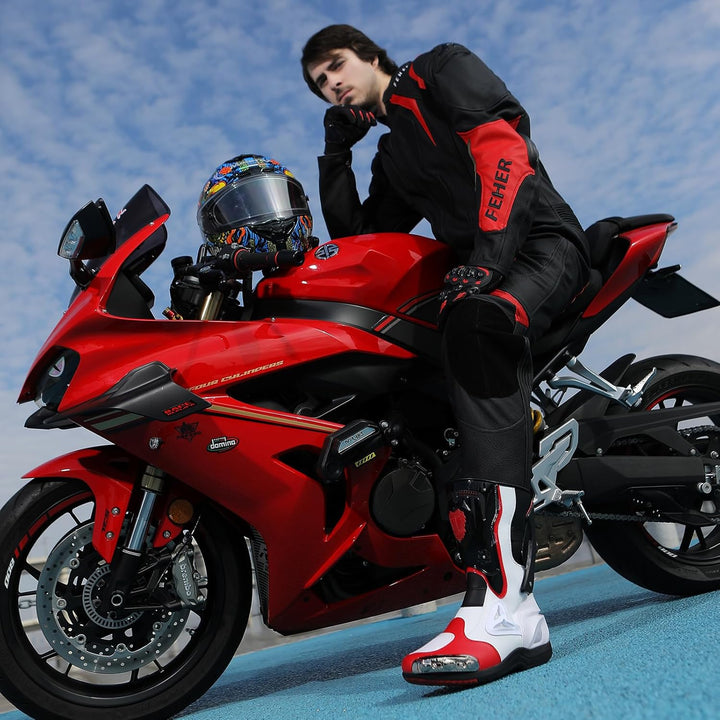 Zeozoom Motorrad-Reitstiefel, Motorrad-Lederstiefel für Damen und Herren, Schutz, rutschfest, Rennsp