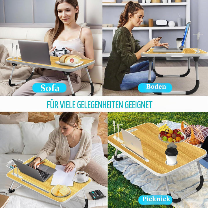 Soontrans Laptoptisch, 60 x 40 x 28 cm, Laptop Tisch mit Schublade, Getränkehalter, Kleiner Ventilat