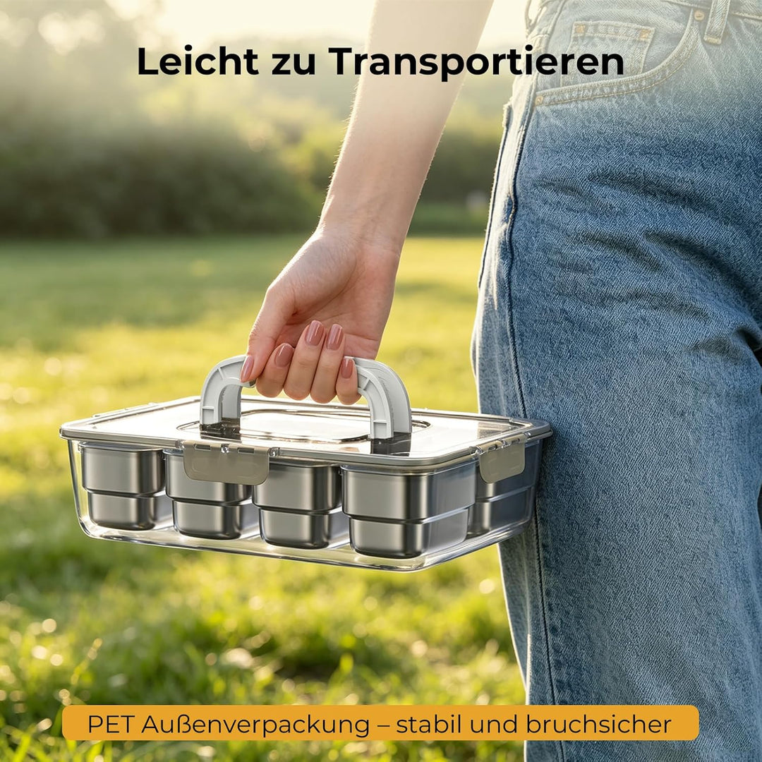 HiTauing Snackbox mit 8 Edelstahl Fächern, Snackteller mit Griff und 8 Einzelnen Deckeln, Verhindert