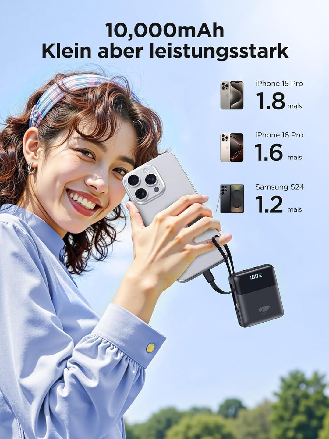 Aioneus Mini PowerBank, 10000mAh Power Bank mit Integriertem USB-C & Lightning Kabel, Minigrösse Ext