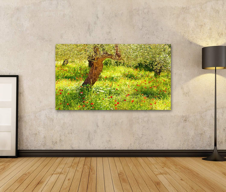 islandburner Bild auf Leinwand Mohnblumen Wiese Baum Bilder Wandbilder Poster, Leinwand 80x40cm