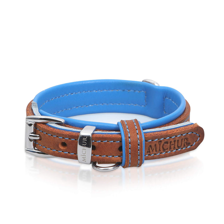 MICHUR Charly Hundehalsband Leder Braun Blau, Lederhalsband Hund, Halsband, Leder, in verschiedenen
