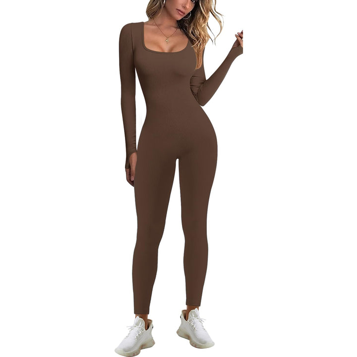 Jumpsuit Damen Sport Bodysuit Gerippte Lang Eng Yoga Bodycon Overall Stretch Langarm Strampler Sport