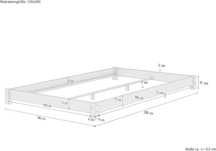Erst-Holz Breites, flaches Futonbett Einzelbett 120x200 Kiefer massiv V-60.51-12, Ausstattung:ohne Z