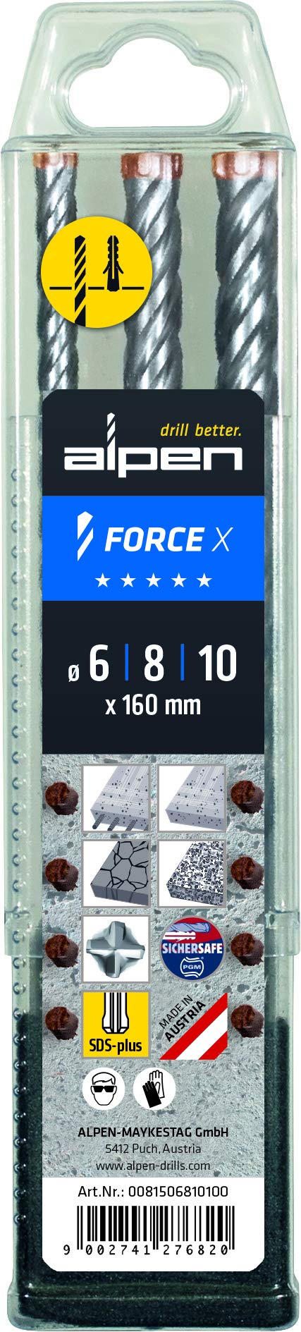 Alpen SDS-plus Hammerbohrerset FORCE X Box mit Kunststoffbox (3-tlg, 4 Schneiden, Ø 6.0-10.0mm) 0081