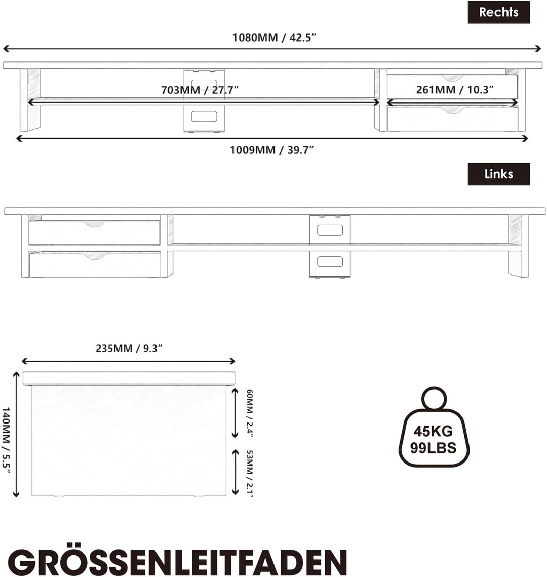 Fenge Dual Monitorständer Riser mit 2 Acryl Schubladen 108cm Grosse Computer Bildschirmständer für P