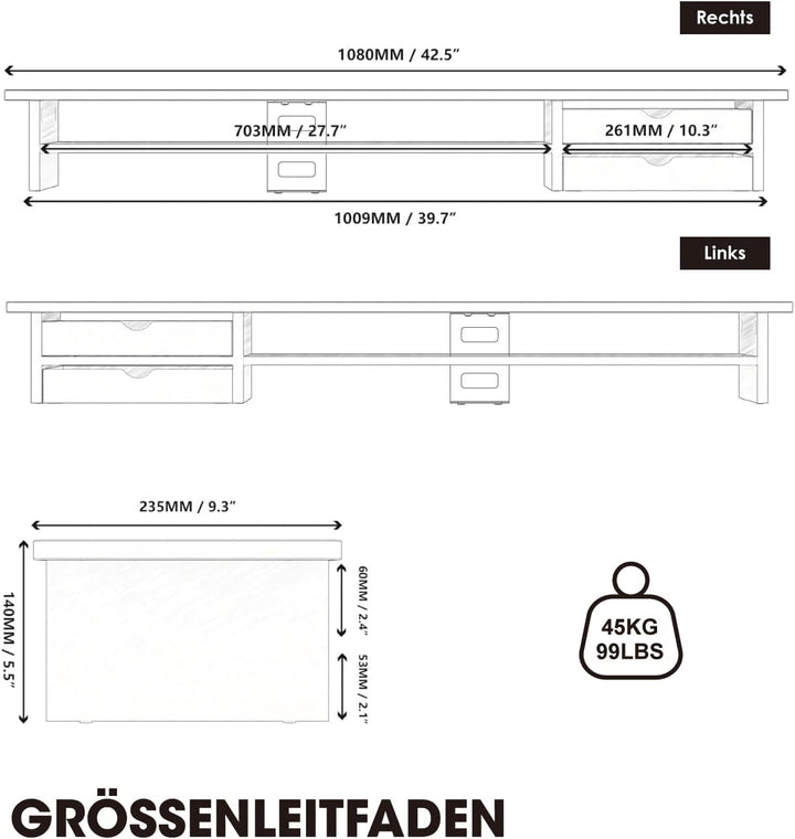 Fenge Dual Monitorständer Riser mit 2 Acryl Schubladen 108cm Grosse Computer Bildschirmständer für P