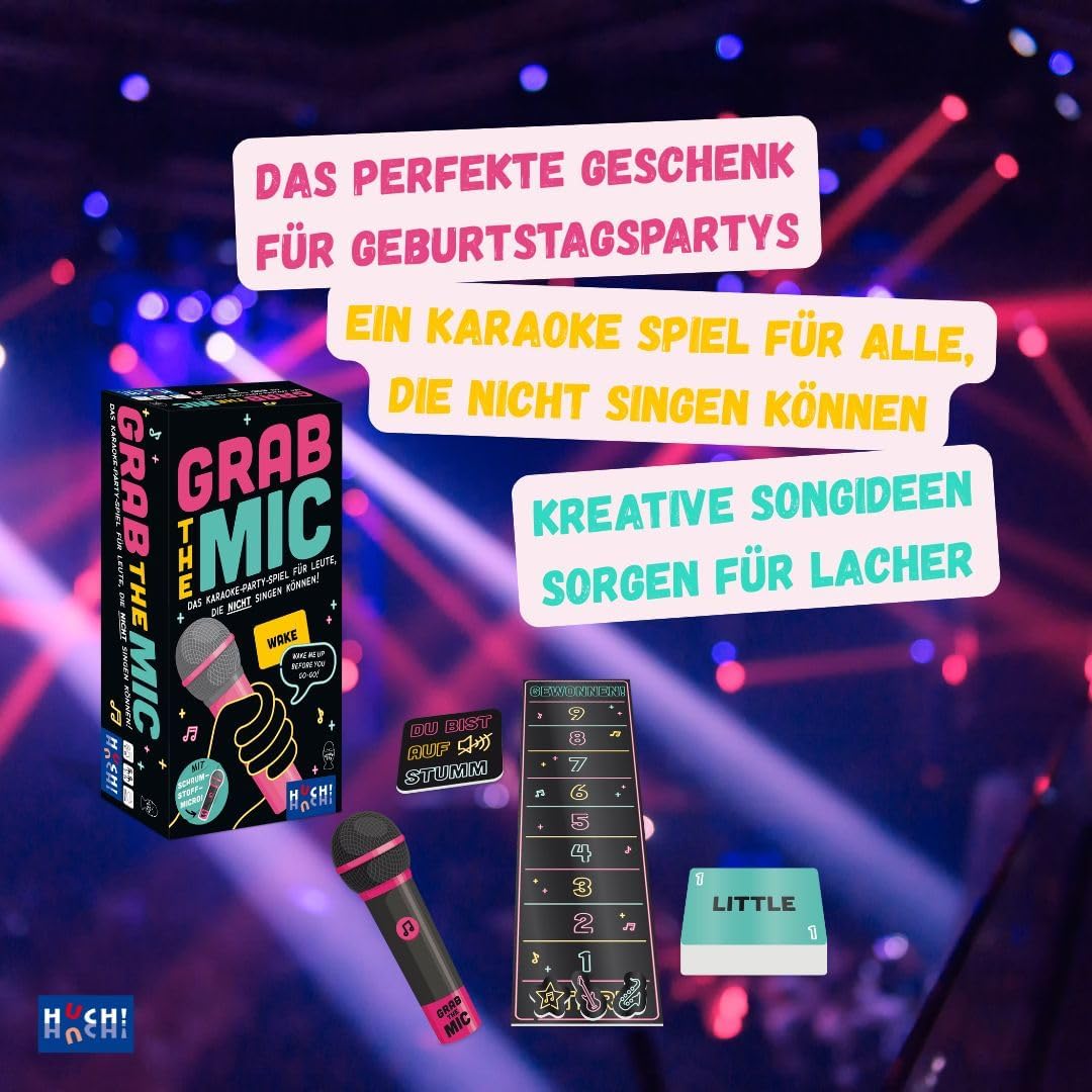 HUCH!, Grab The Mic Spiel Deutsch, Karaoke Spiel mit lustigen Songtext-Challenges, Partyspiele lusti