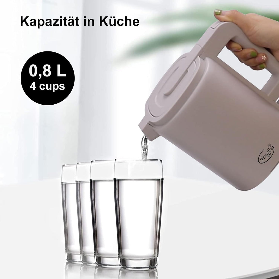 FENGJIE 0,8l Edelstahl Wasserkocher Camping Reisewasserkocher 1360W Kabellos Doppelwand-Design Teeke
