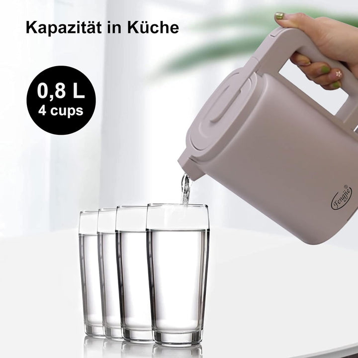 FENGJIE 0,8l Edelstahl Wasserkocher Camping Reisewasserkocher 1360W Kabellos Doppelwand-Design Teeke