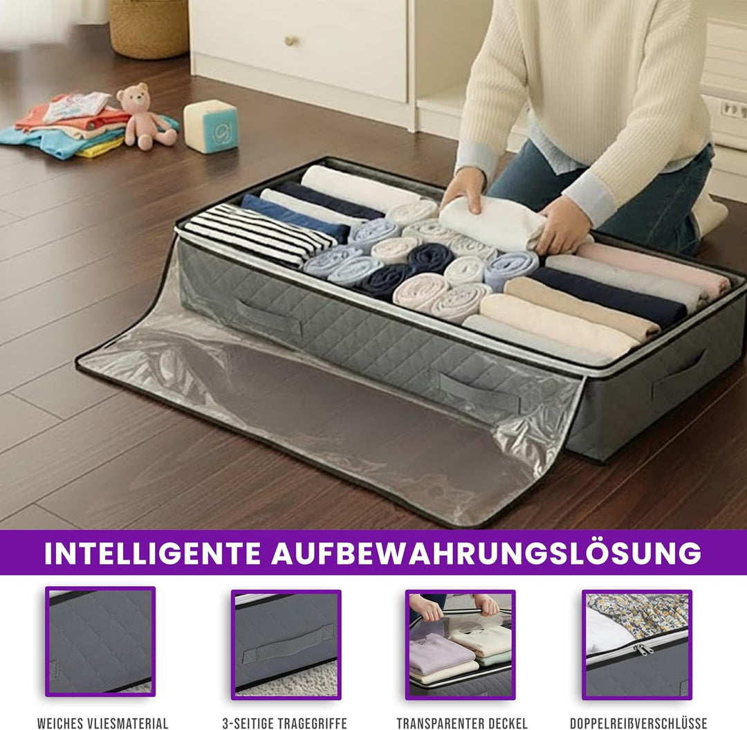 Unterbett Aufbewahrungsbox 90L (4er Set) mit ZUSÄTZLICHEN Schuhbeuteln – Faltbare Unterbett Aufbewah