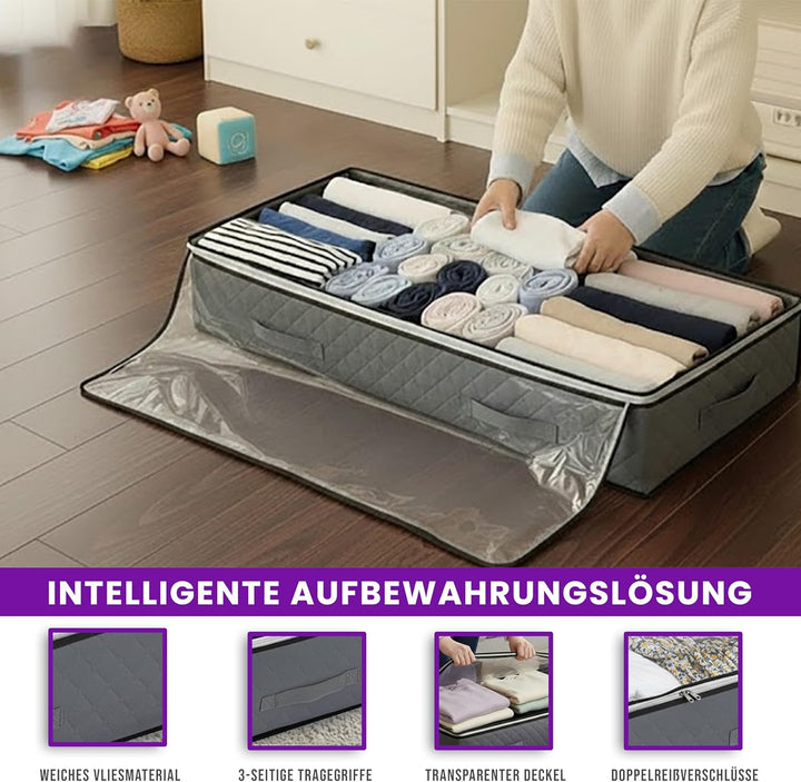 Unterbett Aufbewahrungsbox 90L (4er Set) mit ZUSÄTZLICHEN Schuhbeuteln – Faltbare Unterbett Aufbewah
