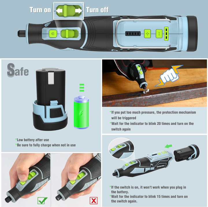 WORKPRO Akku Multifunktionswerkzeug, 12V Drehwerkzeug Set mit 114 Zubehörteilen, 5 Variable Drehzahl
