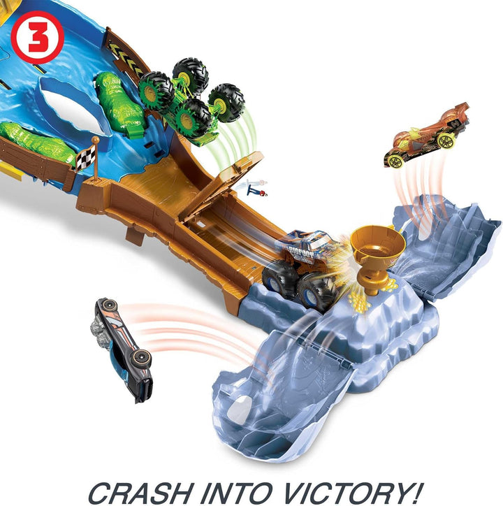 Hot Wheels HJG32 - Monster Trucks Rennstrecke Spielset mit den Monster Trucks Bigfoot und Gunkster f