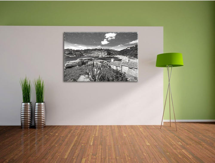 Pixxprint Ferienhaus an der spanischen Küste Kunst Kohle Effekt, Format: 100x70 auf Leinwand, XXL ri
