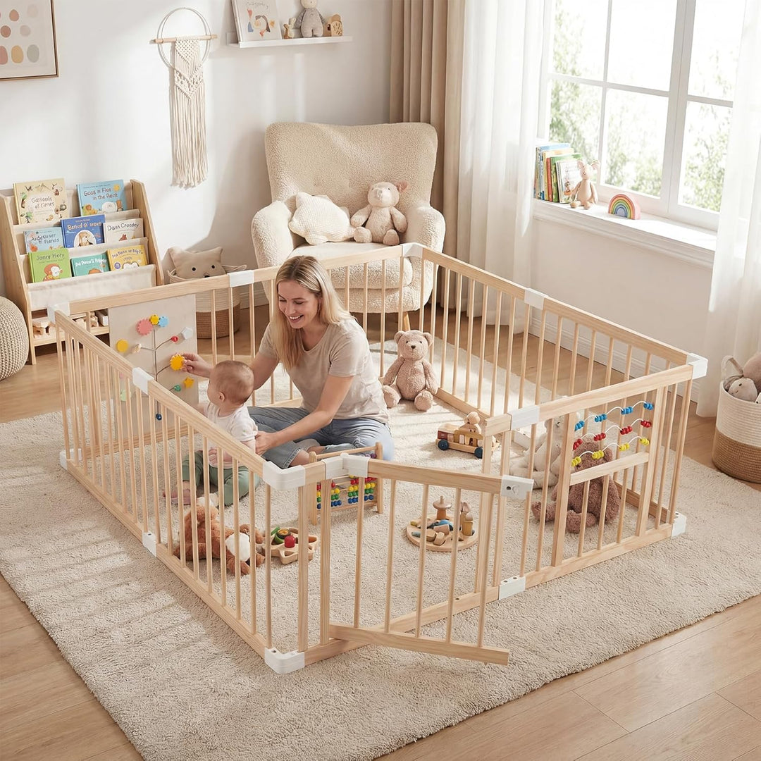 COSTWAY Baby Laufstall aus Kiefernholz, 160 x 160 cm, Laufgitter faltbar inkl. 8 Paneele, Krabbelgit
