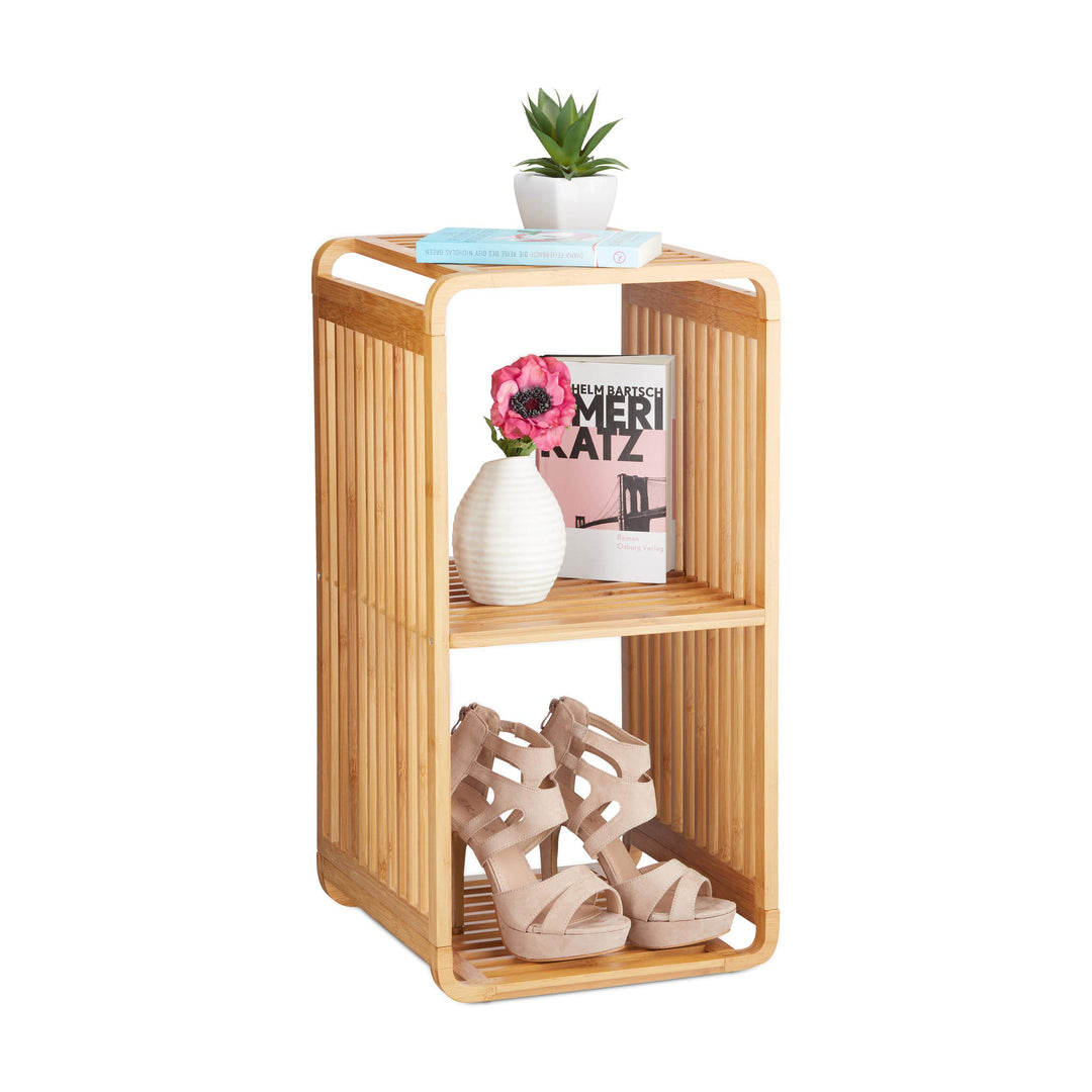 Relaxdays 3 Ablagen, Natur Regal, abgerundetes Standregal, schmales Badregal, quadratisch, HBT: 64,7