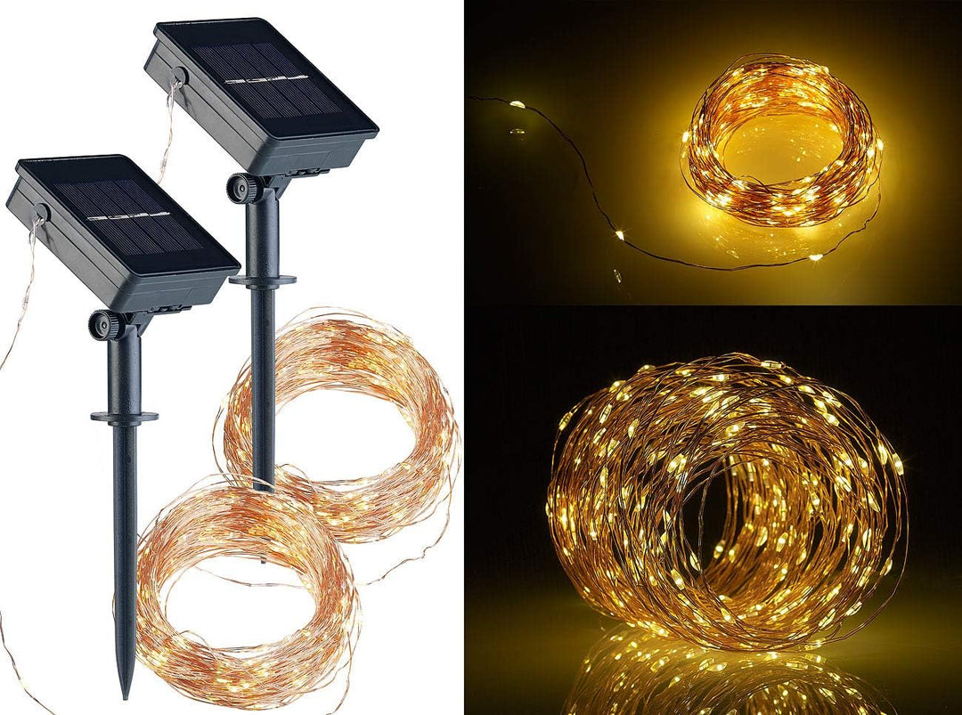 Lunartec Kupfer Lichterkette: 2er-Set Solar-Lichterkette aus Kupferdraht, 200 warmweisse LEDs, 8 Mod