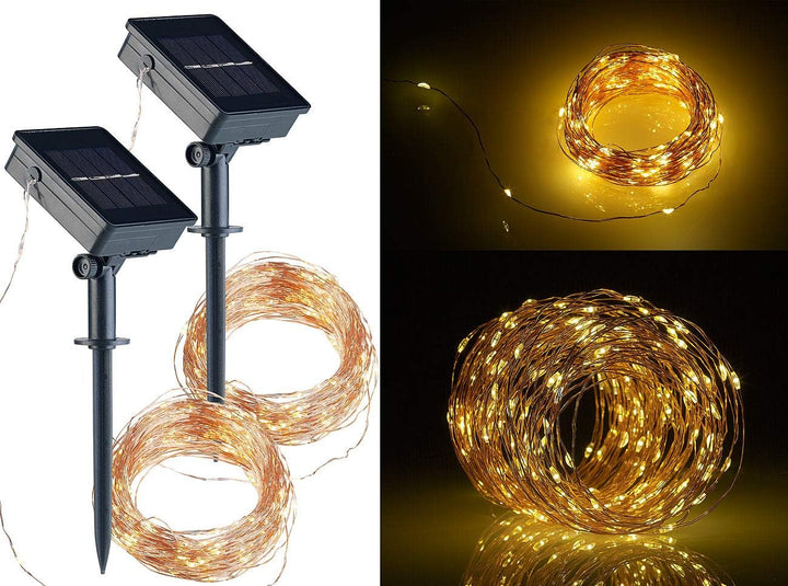 Lunartec Kupfer Lichterkette: 2er-Set Solar-Lichterkette aus Kupferdraht, 200 warmweisse LEDs, 8 Mod