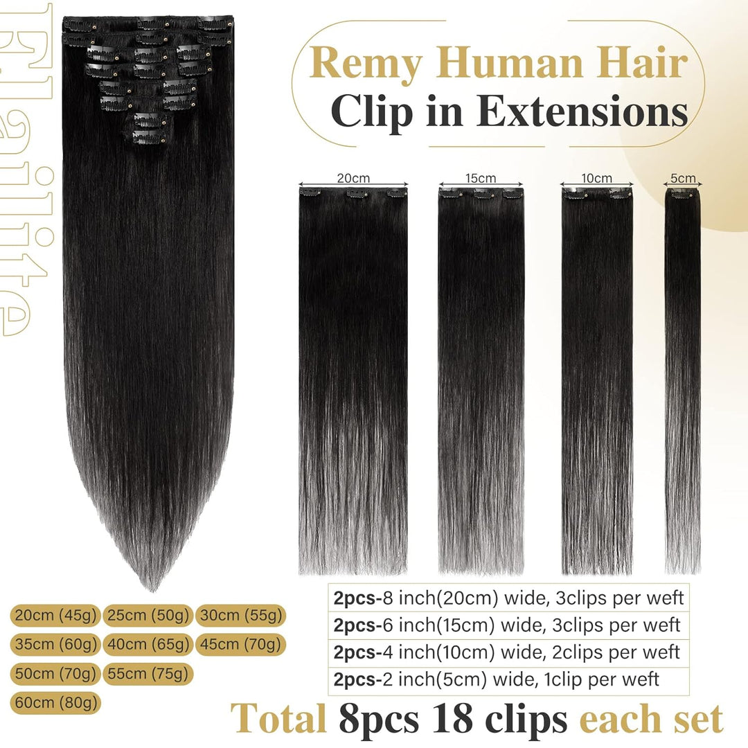 Elailite Extensions Echthaar Clip in 8 Tressen Glatt #1 Schwarz, Haarverlängerung Real Human Haar 25