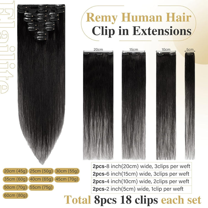 Elailite Extensions Echthaar Clip in 8 Tressen Glatt #1 Schwarz, Haarverlängerung Real Human Haar 25