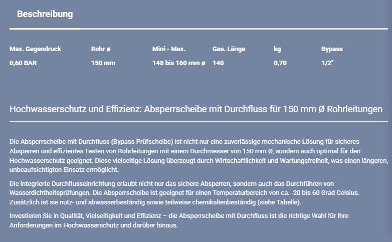 Absperrscheibe mit Bypass (Prüfscheibe) 150 mm
