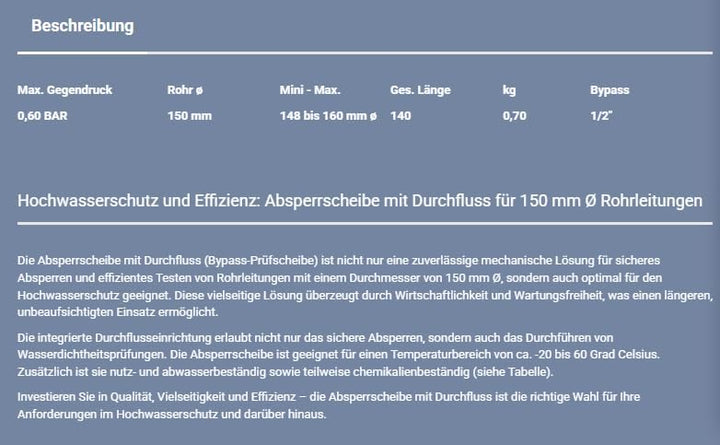 Absperrscheibe mit Bypass (Prüfscheibe) 150 mm