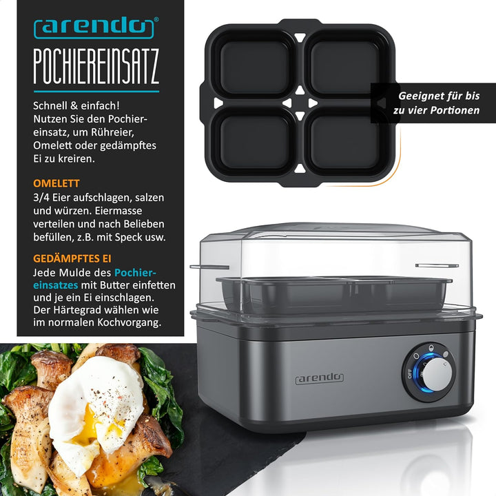 Arendo - Eierkocher Edelstahl für 1 bis 8 Eier - Egg Cooker - 500 W – Kontroll Leuchte – Drehregler