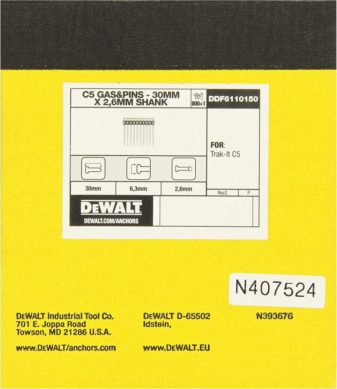 DEWALT DDF6110150 – Nägel 30 mm x 2,6 mm für Gasbefestigung C5 Track-It Nails + Gasladung (Env. 800
