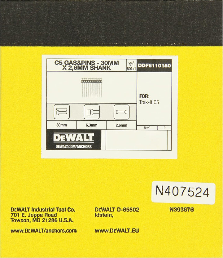 DEWALT DDF6110150 – Nägel 30 mm x 2,6 mm für Gasbefestigung C5 Track-It Nails + Gasladung (Env. 800