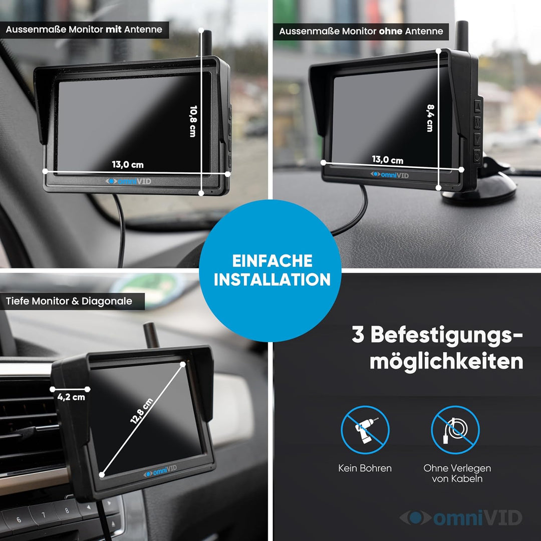 omniVID® Solar5 Premium Solar Rückfahrkamera-System, Kabellos mit 5 Zoll Monitor u. solarbetriebende