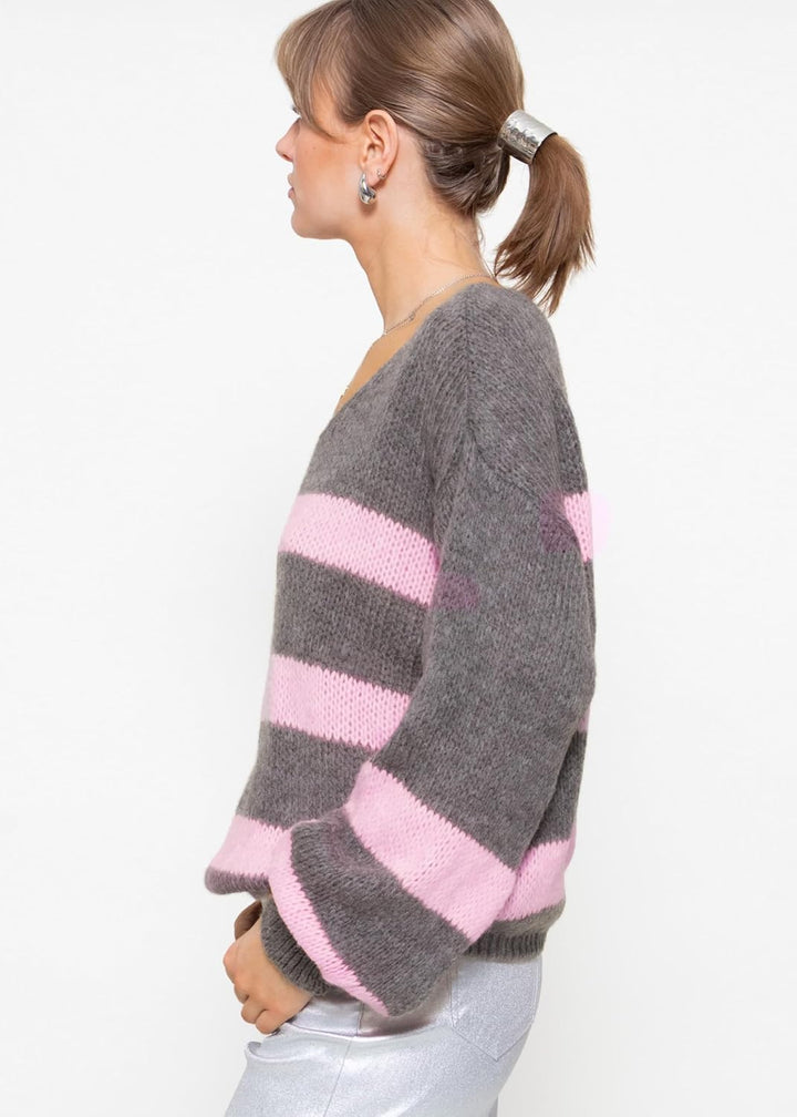 SASSYCLASSY Streifen Strickpullover Damen Oversize - Madie in Italy - grobmaschig V Ausschnitt Pulli