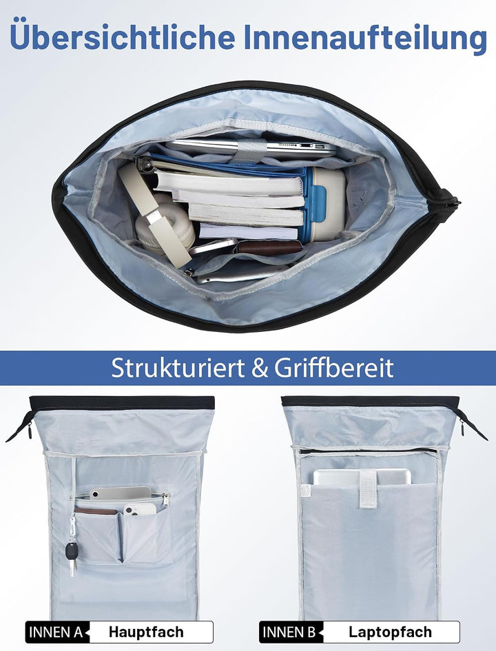 Rucksack Damen &amp; Herren, 24-30L Rolltop Rucksack Laptoprucksack mit 17 Zoll Laptopfach &amp; USB Anschlu