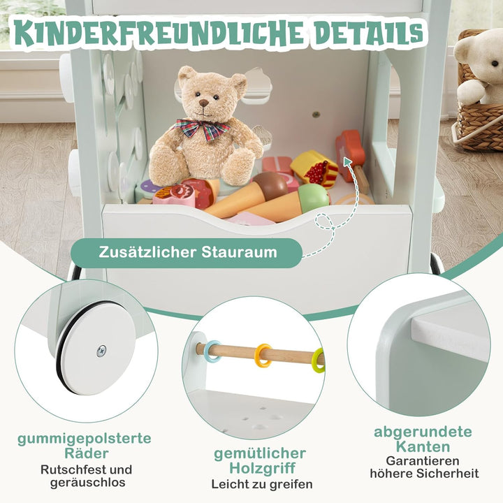 COSTWAY Lauflernwagen Holz, Lauflernhilfe mit Stauraum, Dessertladen auf Rädern mit Eiscreme, Schieb