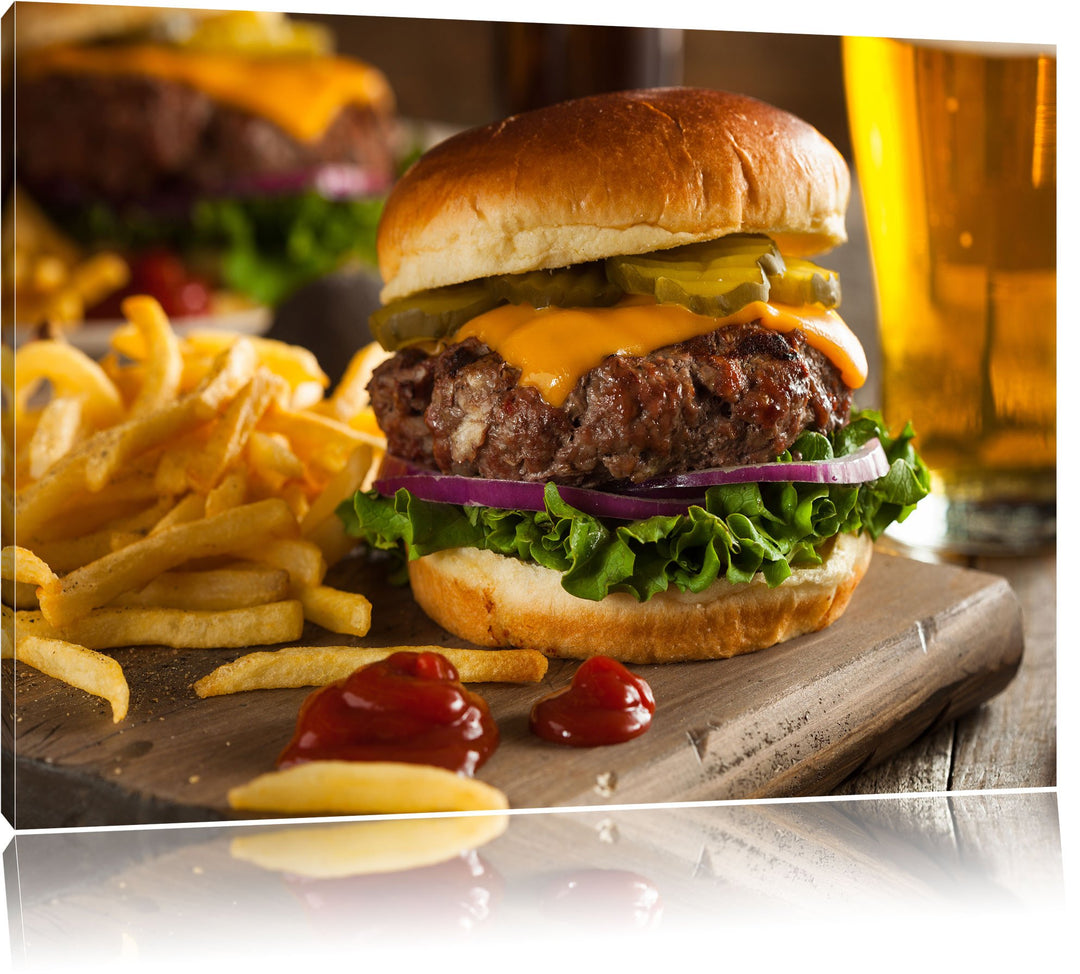 Pixxprint Saftiger Chili Cheese Burger als Leinwandbild/Grösse: 100x70 / Wandbild/Kunstdruck/fertig