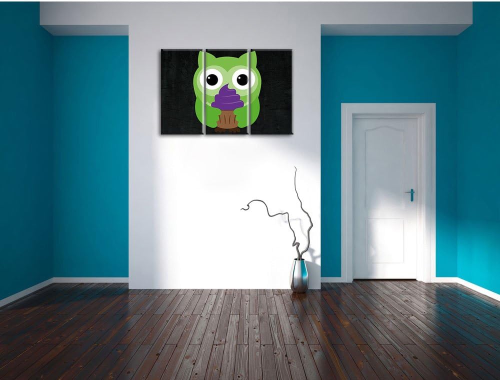 Pixxprint Eule mit Cupcake als Leinwandbild/Grösse: 3 Teilig (120x80) cm/Wandbild/Kunstdruck/fertig