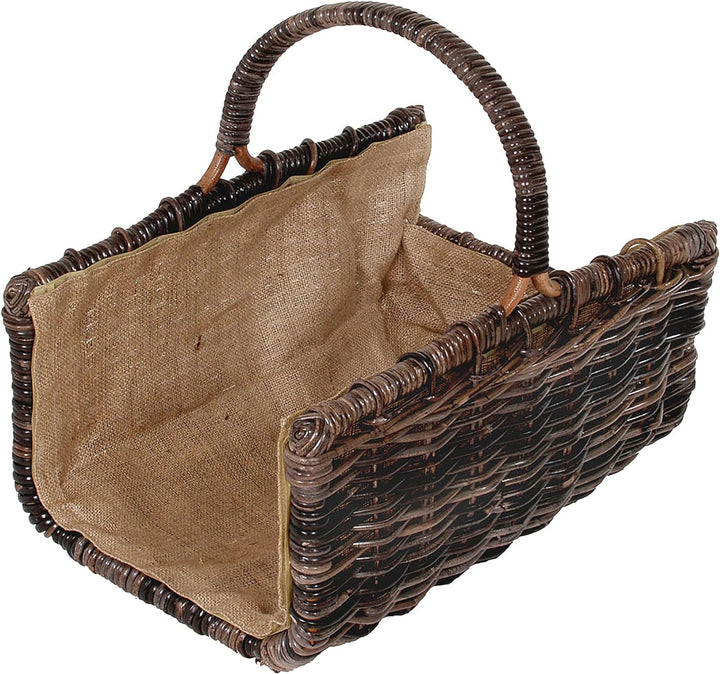 Kobolo Holztrage Holzkorb für Kaminholz - eckig aus Rattan-Krabu mit Jutefutter ausgestattet Braun