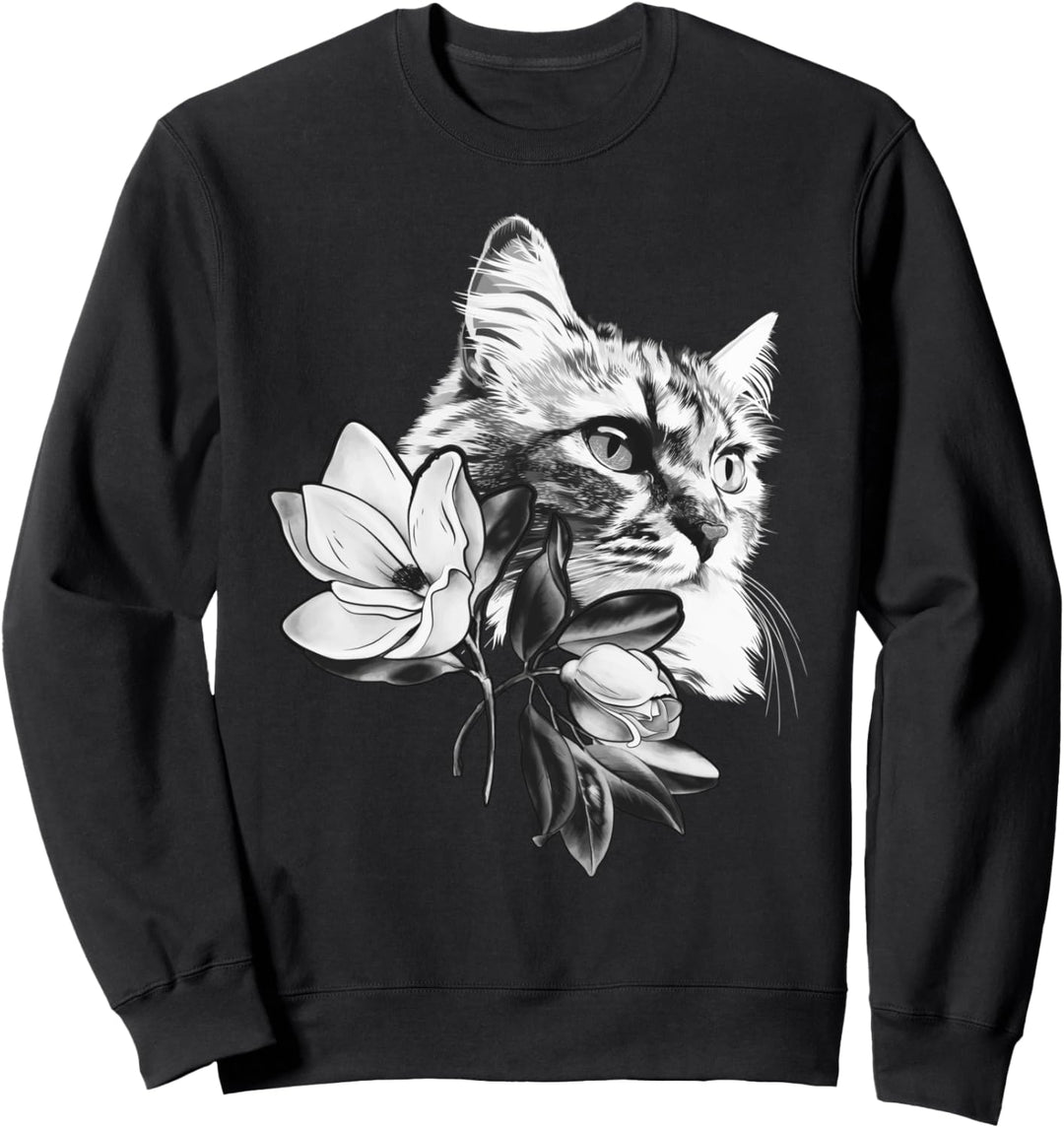 Schöne Katze mit Magnolien Blumen Sweatshirt