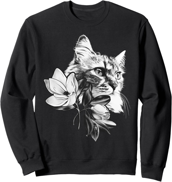 Schöne Katze mit Magnolien Blumen Sweatshirt