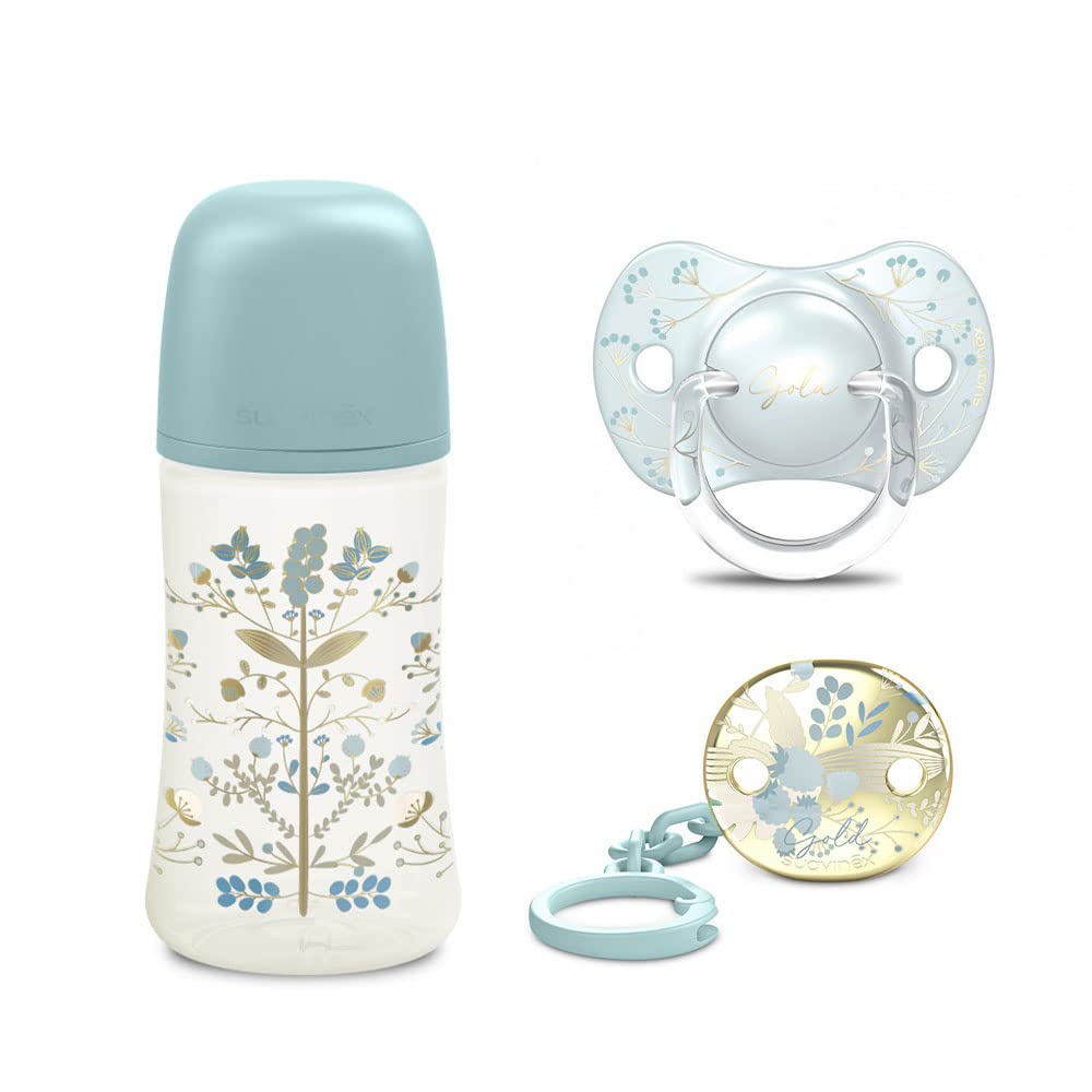 Suavinex Gold Edition Geschenkset, Flasche 270 ml, Schnuller 0-6 M und Clip, hellblau