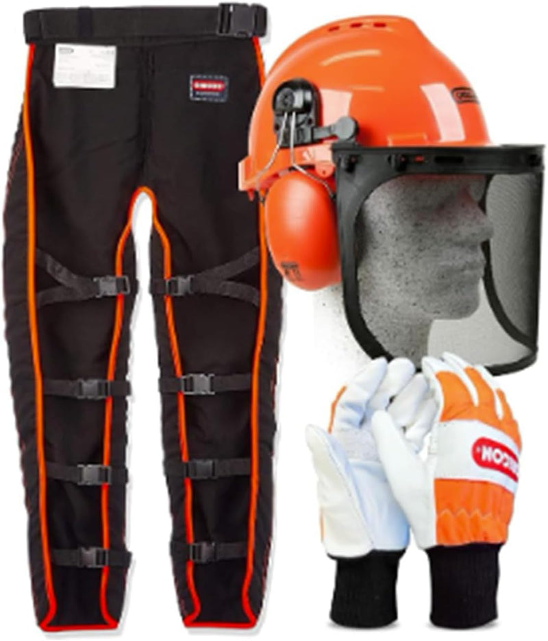 Oregon Type A Chainsaw Safety Clothing Kit with Universal Leggings/Seatless Trousers, Gloves and Hel