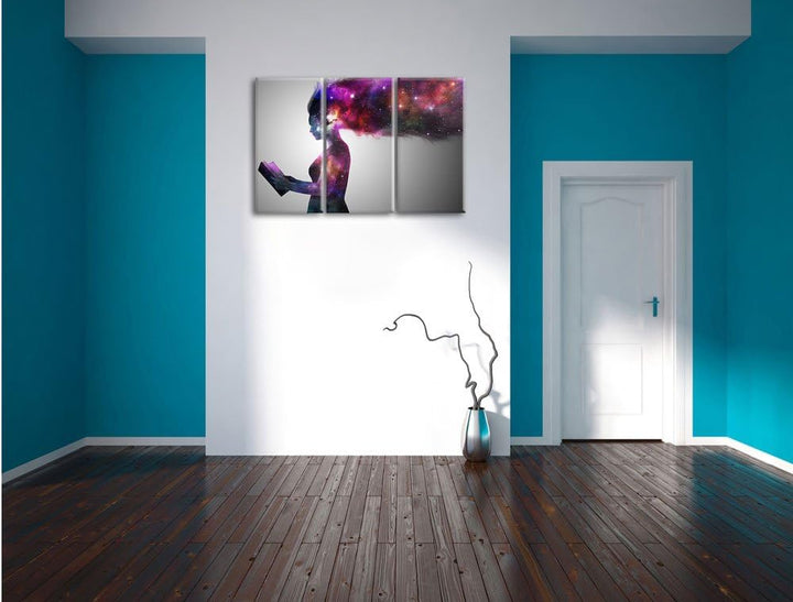 Pixxprint abstrakte Frau mit Buch als Leinwandbild/Grösse: 3 Teilig (120x80) cm/Wandbild/Kunstdruck/