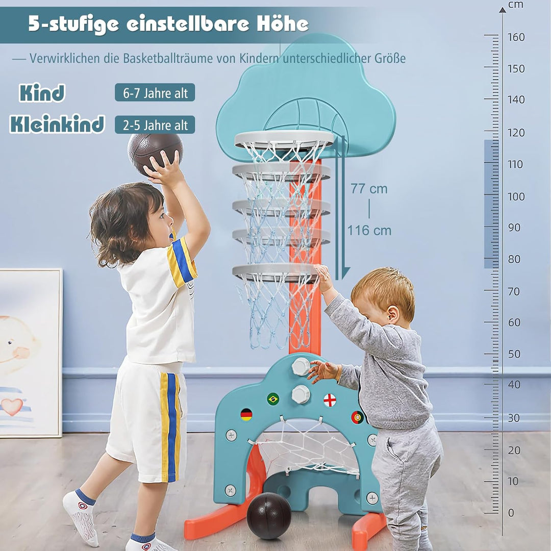 COSTWAY 3 in 1 Kinder Basketballkorb, Basketballständer höhenverstellbar mit Fussballtor &amp; Basketbal