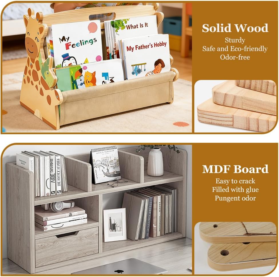 Bücherregal Kinder, doppelseitiges Holzregal mit robusten Canvas-Taschen, mit geschwungenen Kanten,